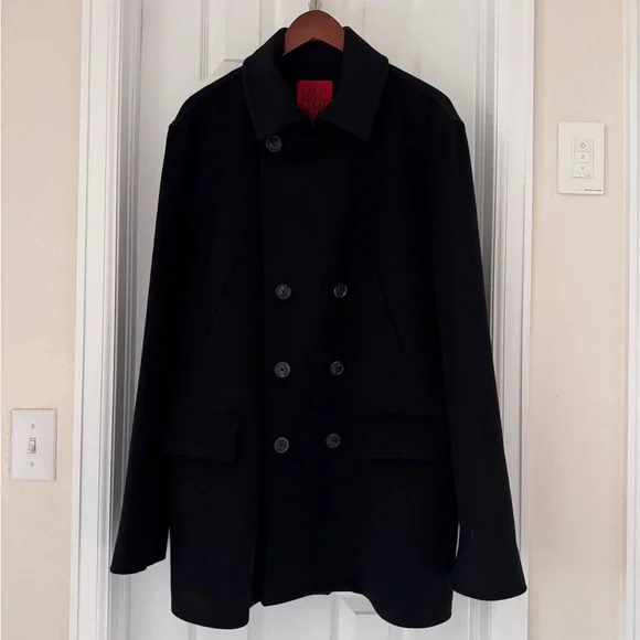 Carolina Herrera Double-Breasted Classic Black Wool Pea Coat - Picture 1 of 5